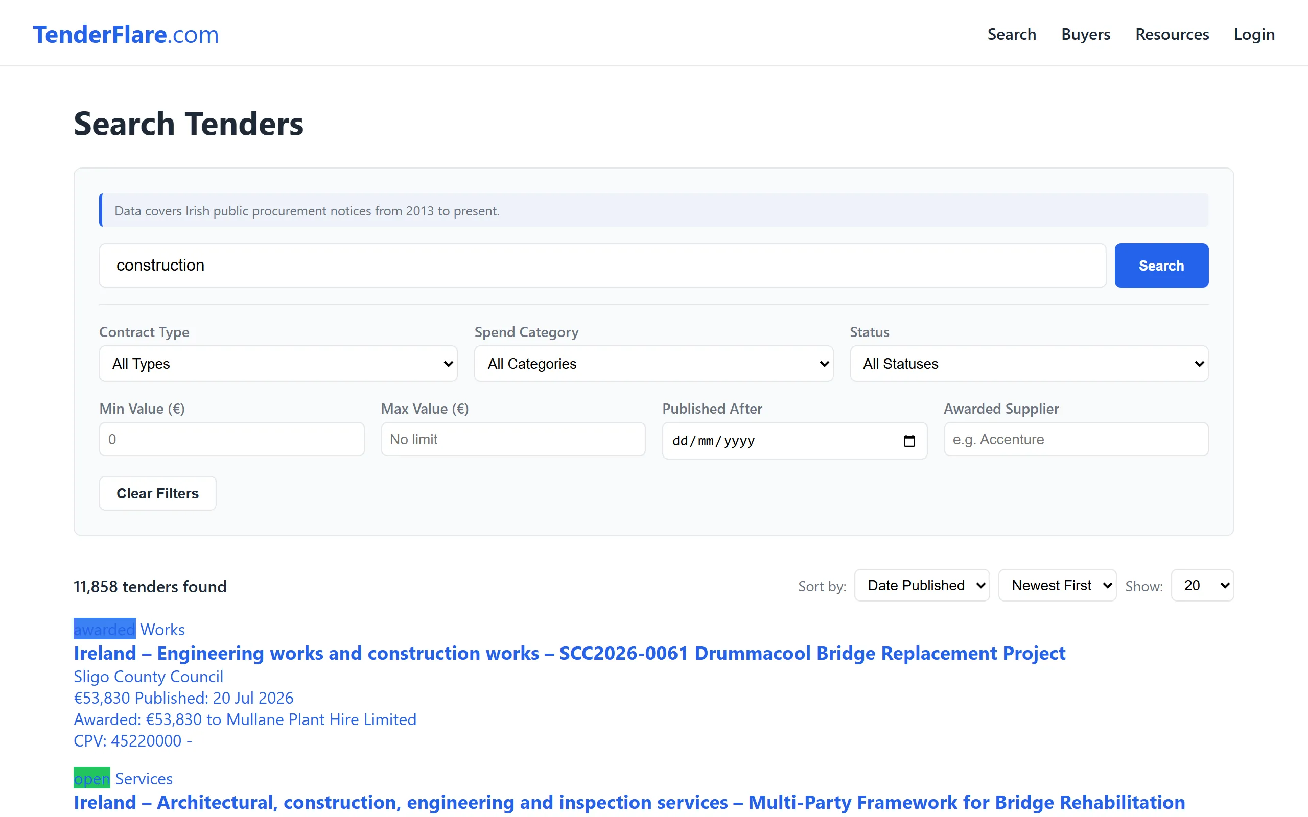 TenderFlare search results showing Irish public tenders filtered by keyword, with contract type, value and status filters